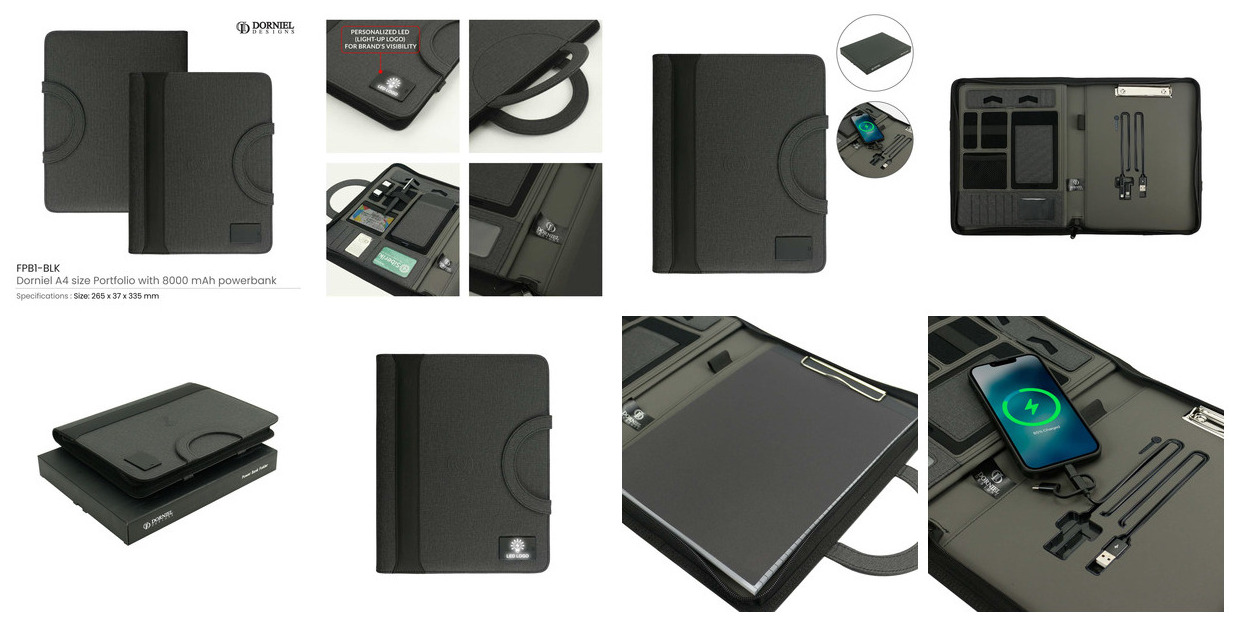 Dorniel Portfolio A4, Wireless Powerbank 8000mAh & LED Logo